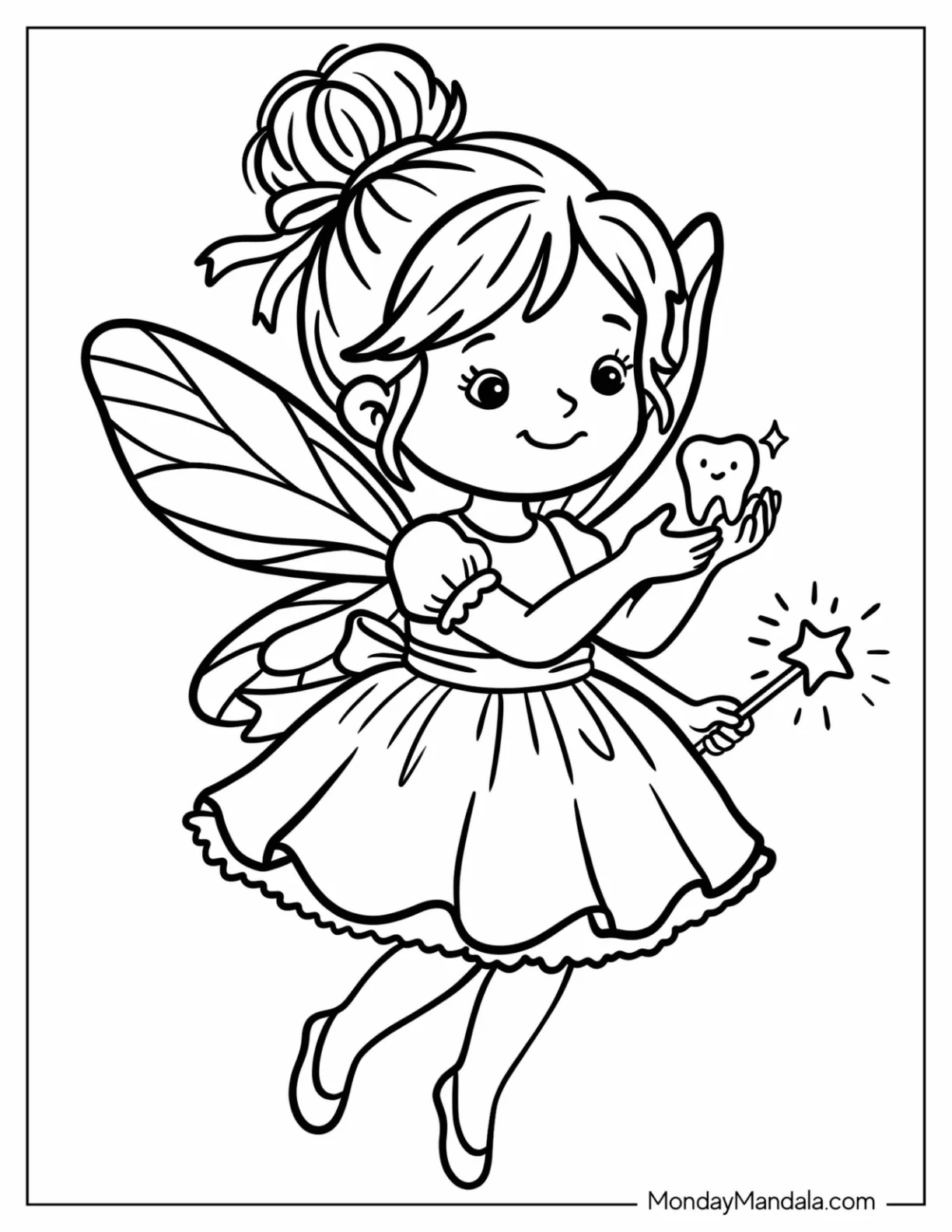 Tooth Fairy Holding a Tooth and a Wand Coloring Page coloring page