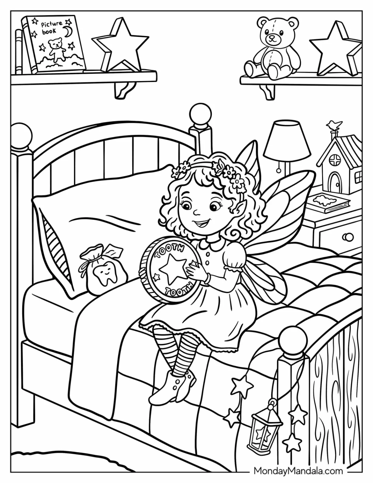 Tooth Fairy Sitting on a Bed with a Tooth Coin Coloring Sheet coloring page