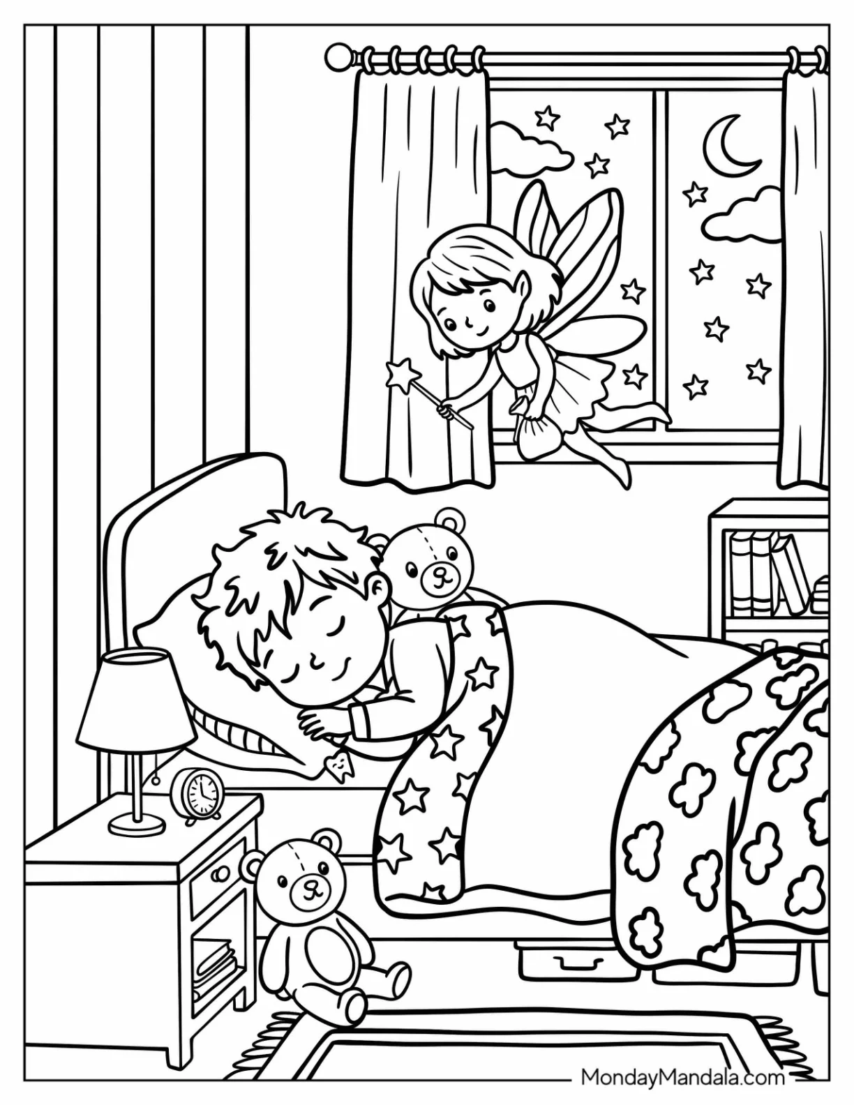 Tooth Fairy Sleeping Over a Sleeping Child coloring page