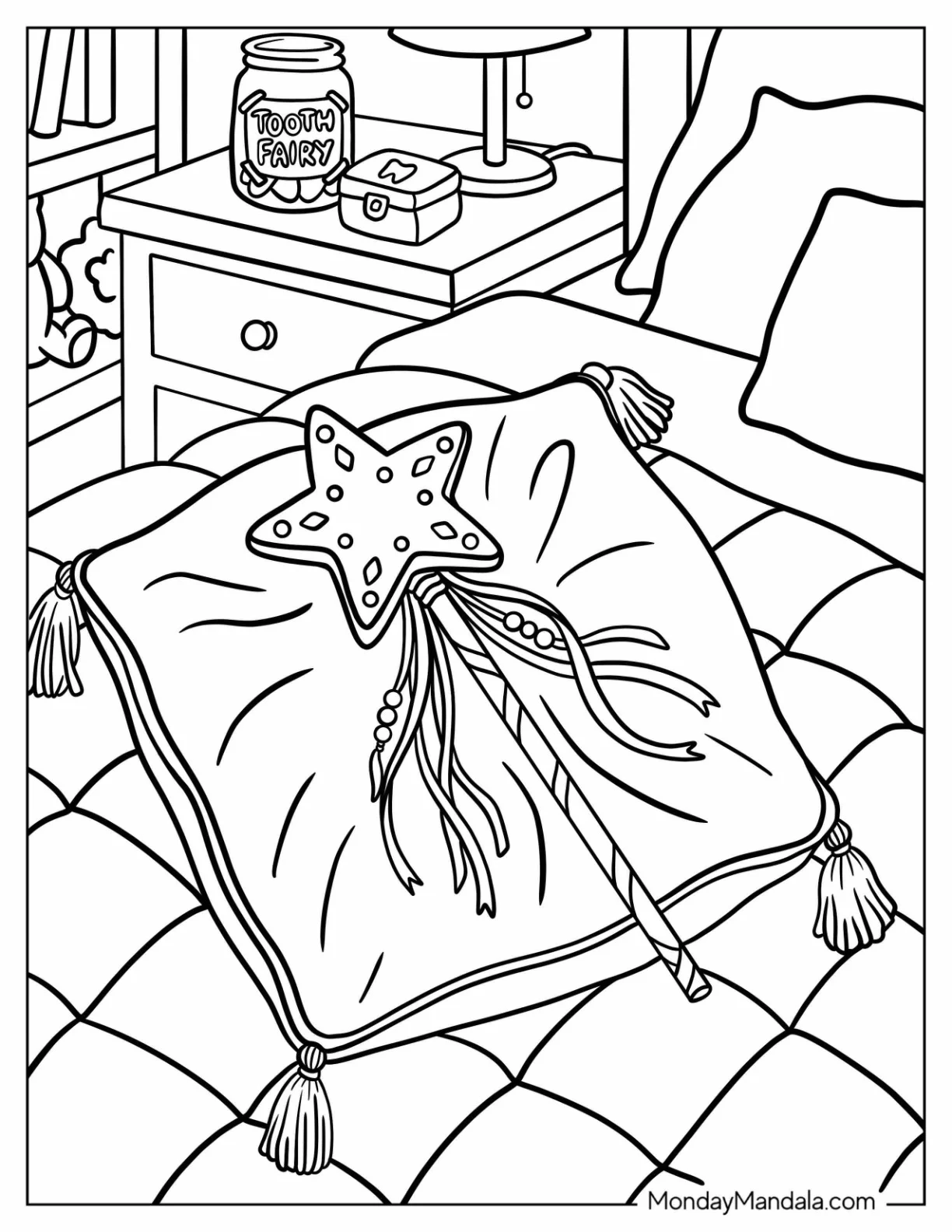 Tooth Fairy Star Wand on a Pillow Coloring Sheet coloring page
