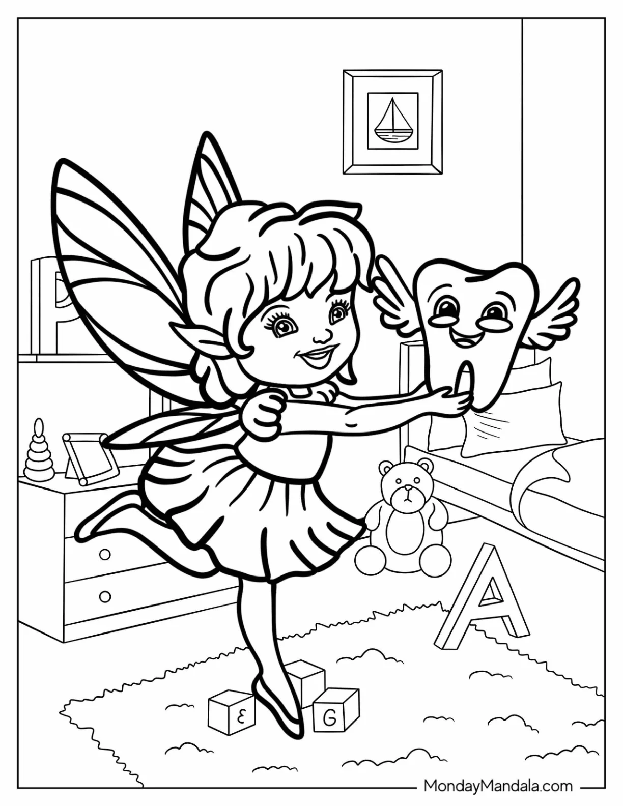 Young Tooth Fairy Coloring Page With A Flying Tooth coloring page — printable line art