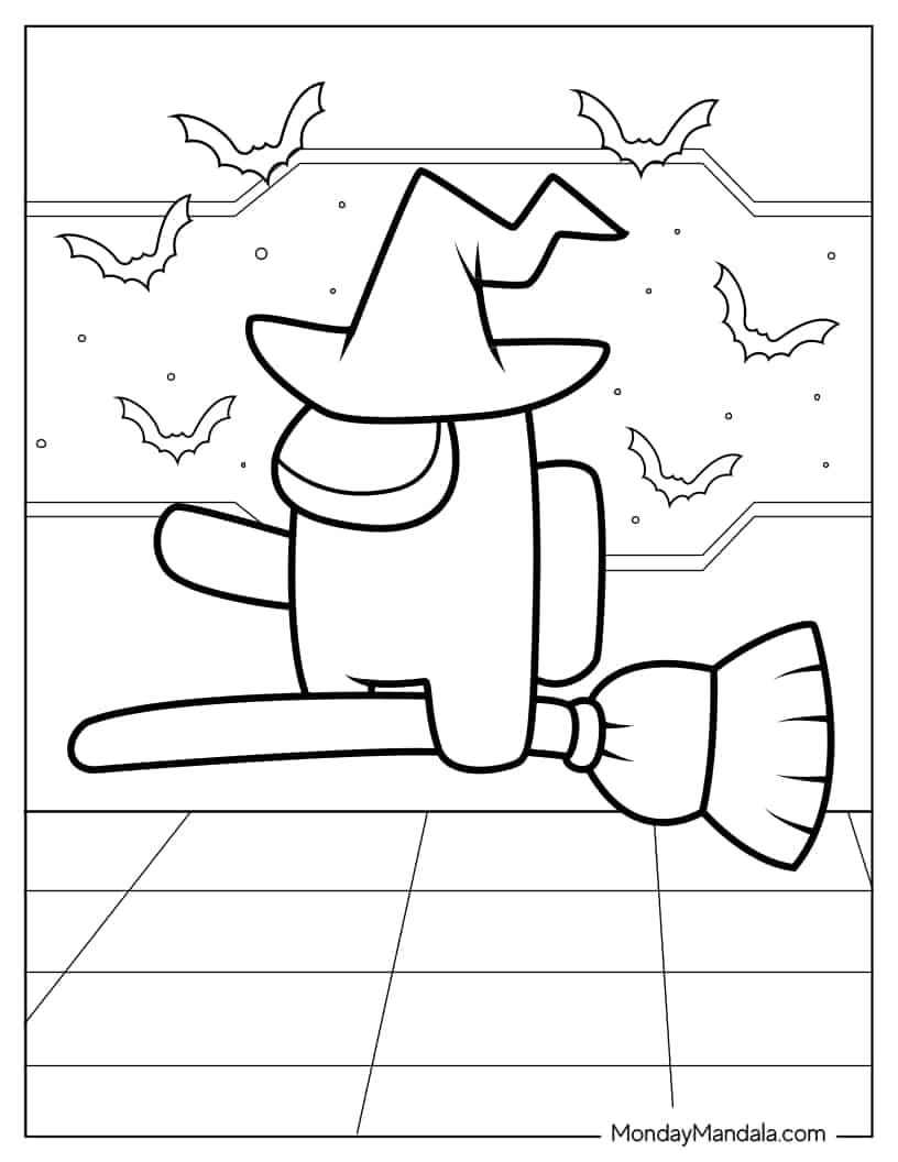Halloween Among Us Witch Riding Broom coloring page