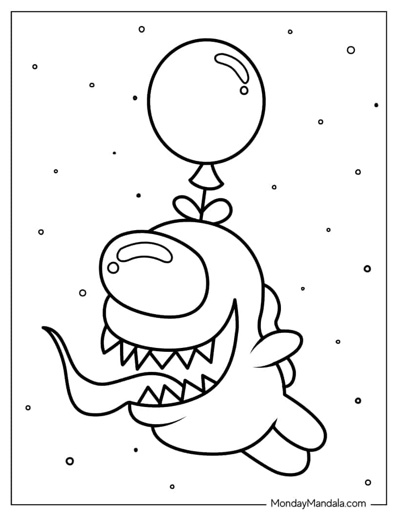 Kawaii Among Us Imposter Flying with Balloon coloring page