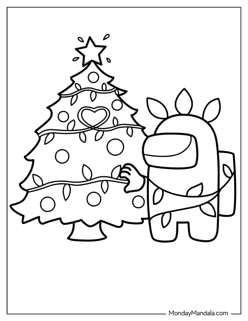 Simple Coloring Sheet of Crewmate with Christmas Tree coloring page