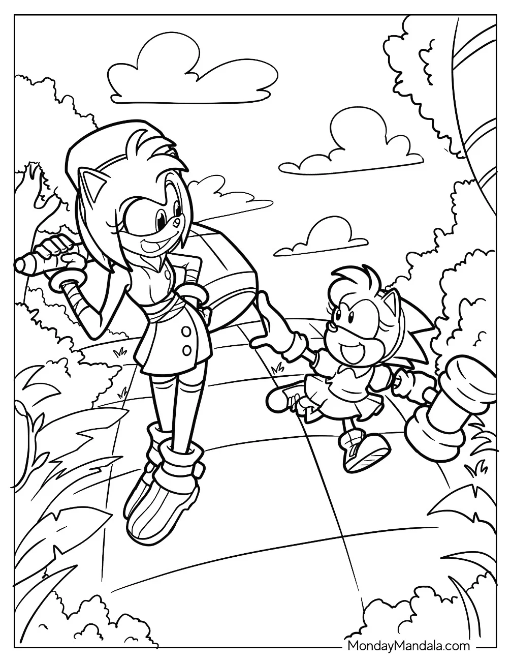 Adult Amy Rose Walking With Young Amy Rose Coloring Page coloring page — printable line art