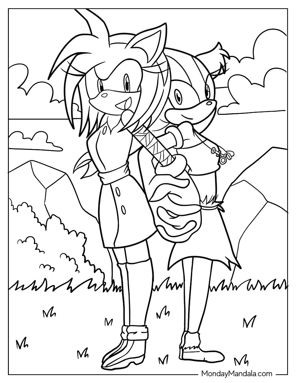 Amy Rose Coloring Page And Sticks Holding Hands coloring page — printable line art
