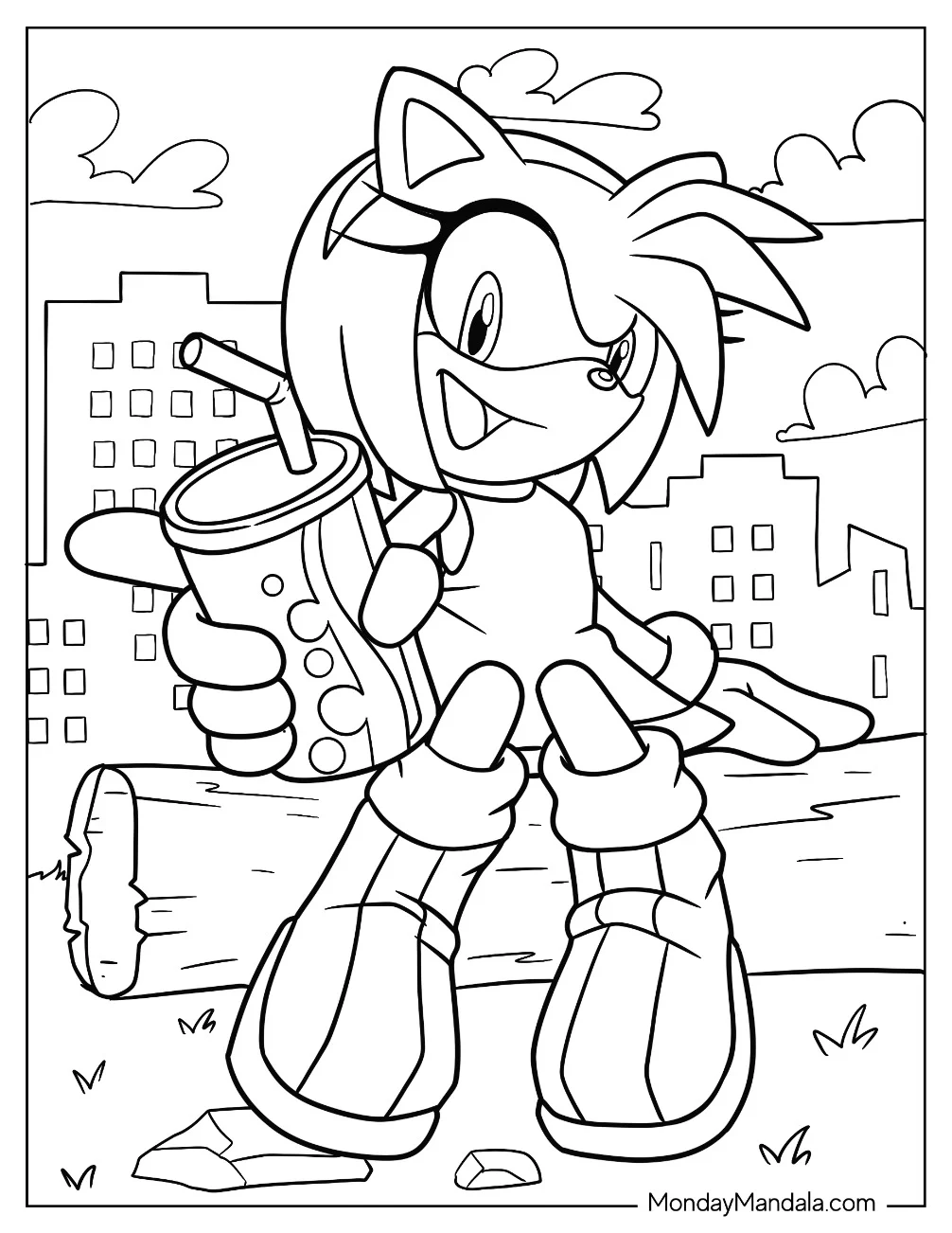 Amy Rose Coloring Page Holding Beverage While Sitting On Log coloring page — printable line art