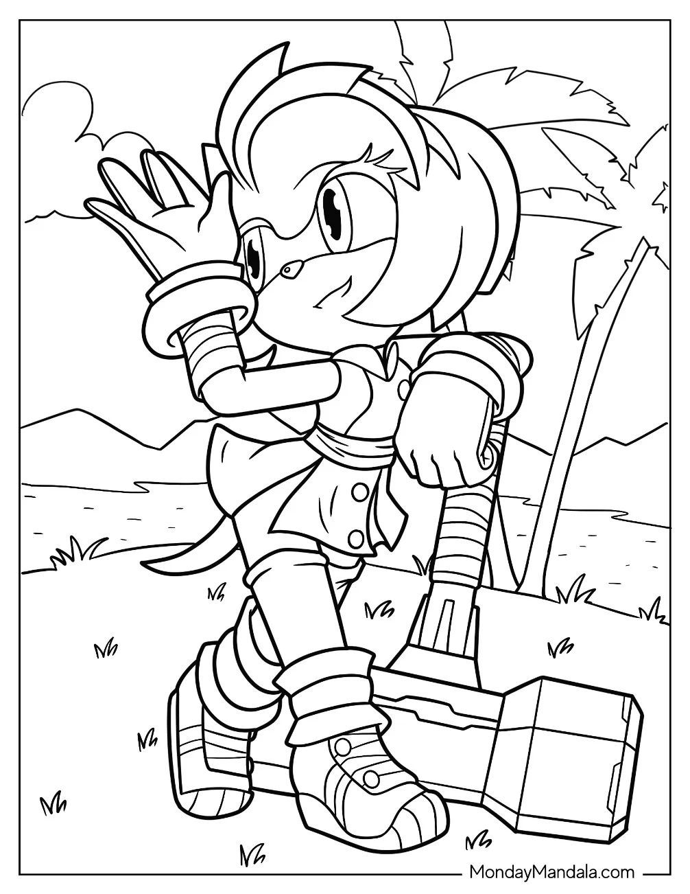 Amy Rose Coloring Page Leaning On Her Piko Hammer coloring page