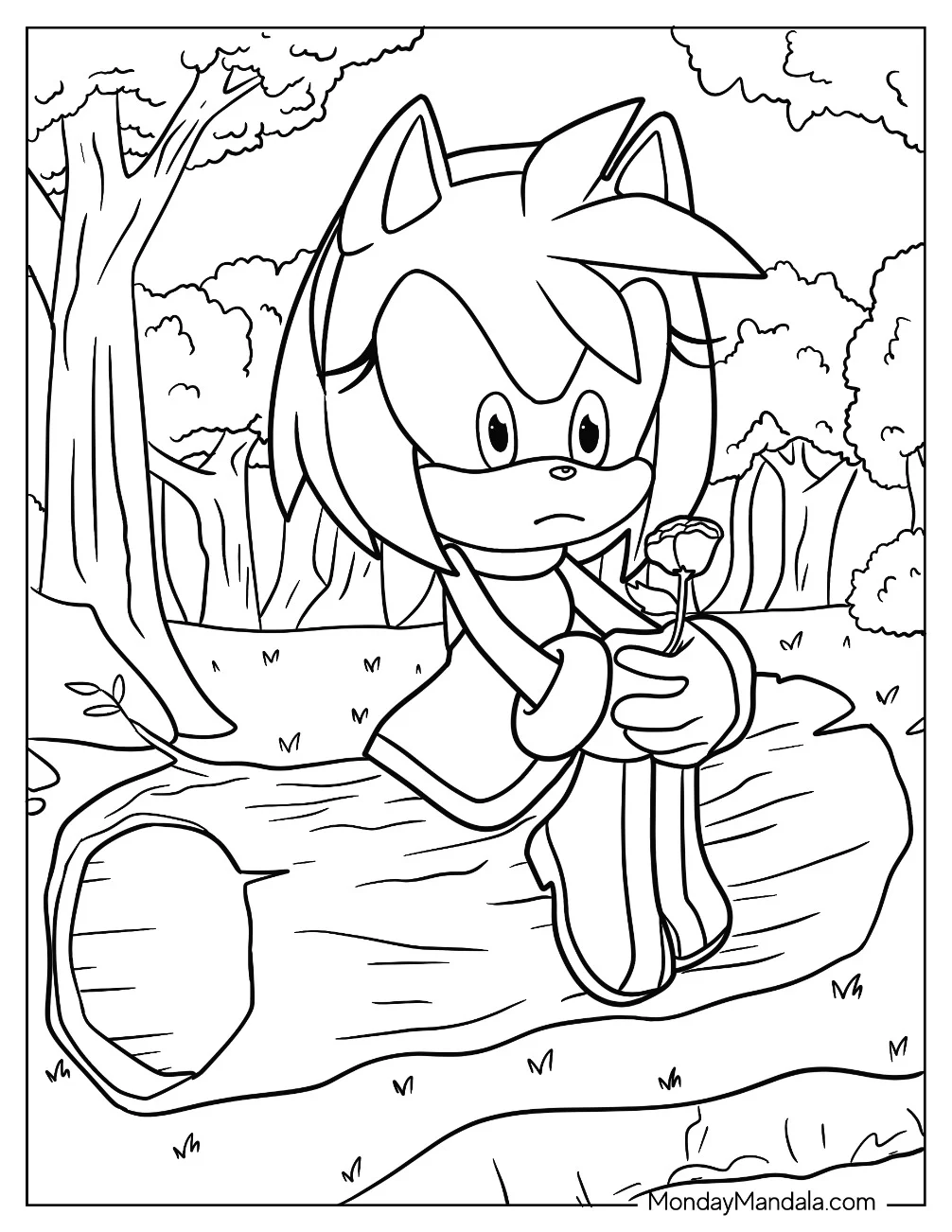 Amy Rose Coloring Page Sitting On A Log Holding Flower coloring page