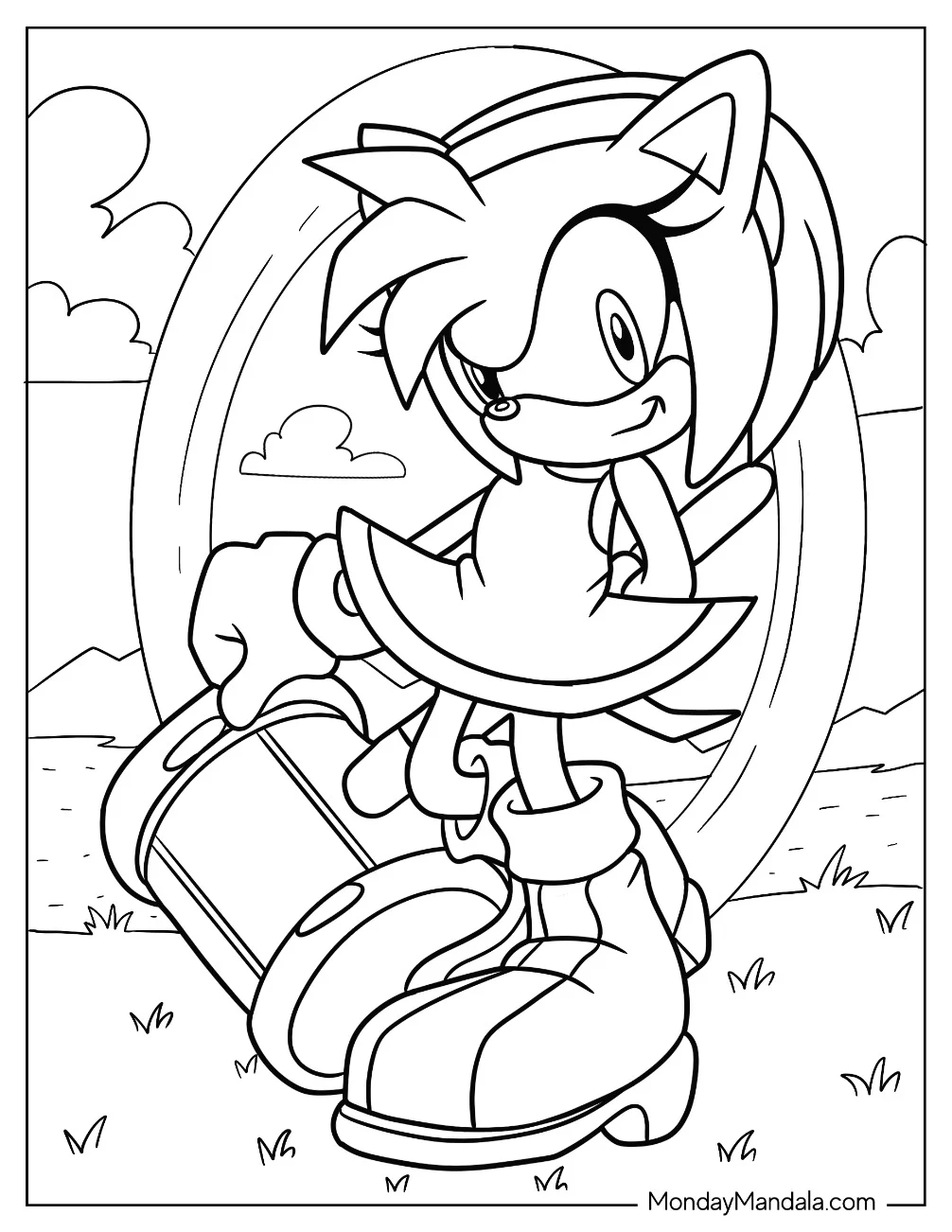 Amy Rose Coloring Page Standing In Front Of Ring With Piko Hammer coloring page — printable line art