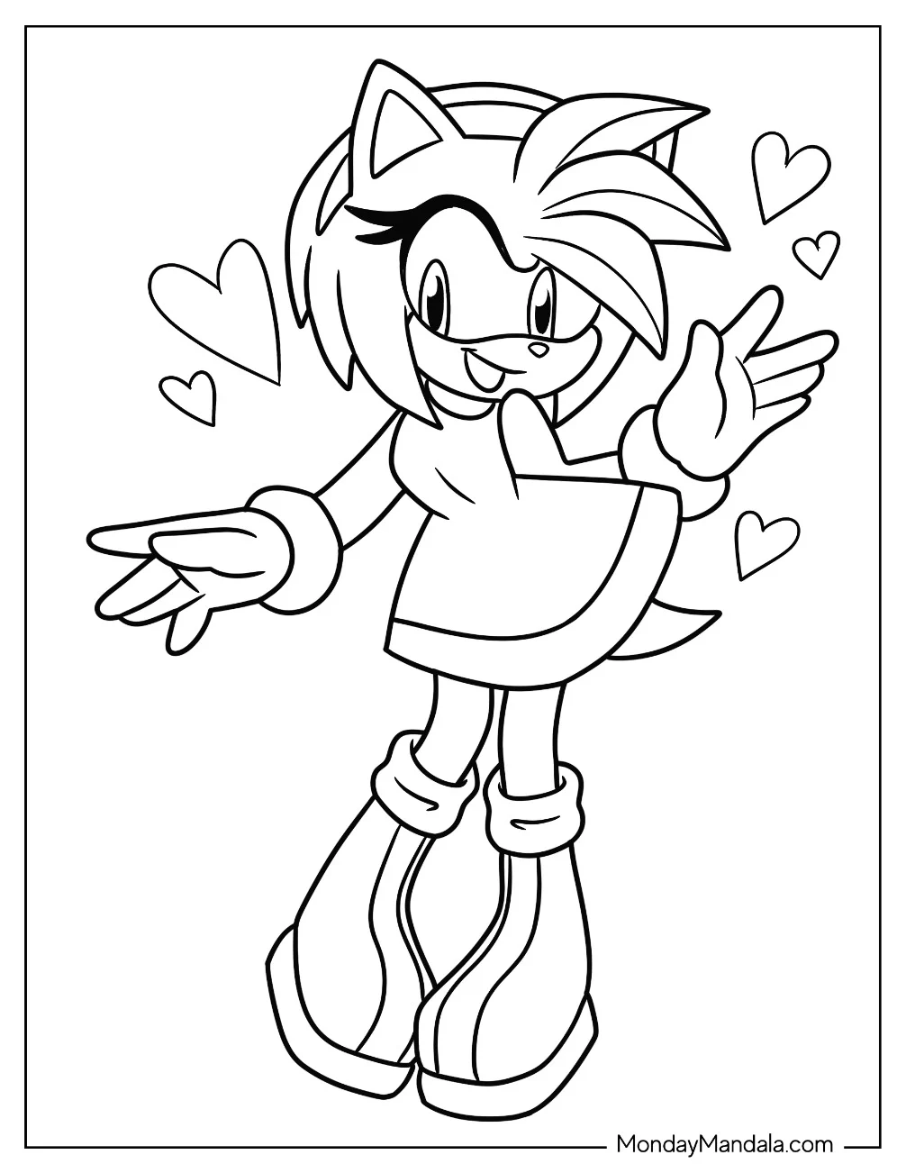 Amy Rose Coloring Page Waving With Hearts For Kids coloring page — printable line art