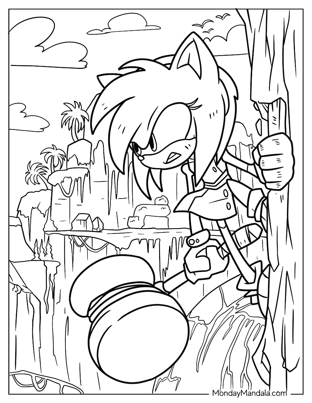 Angry Amy Rose Coloring Page Holding Piko Hammer On The Edge Of Angel Island coloring page