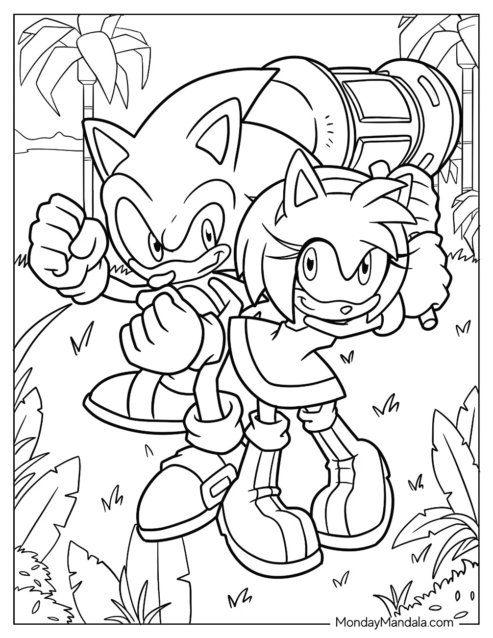 Detailed Amy Rose Coloring Page Fighting Alongside Sonic coloring page