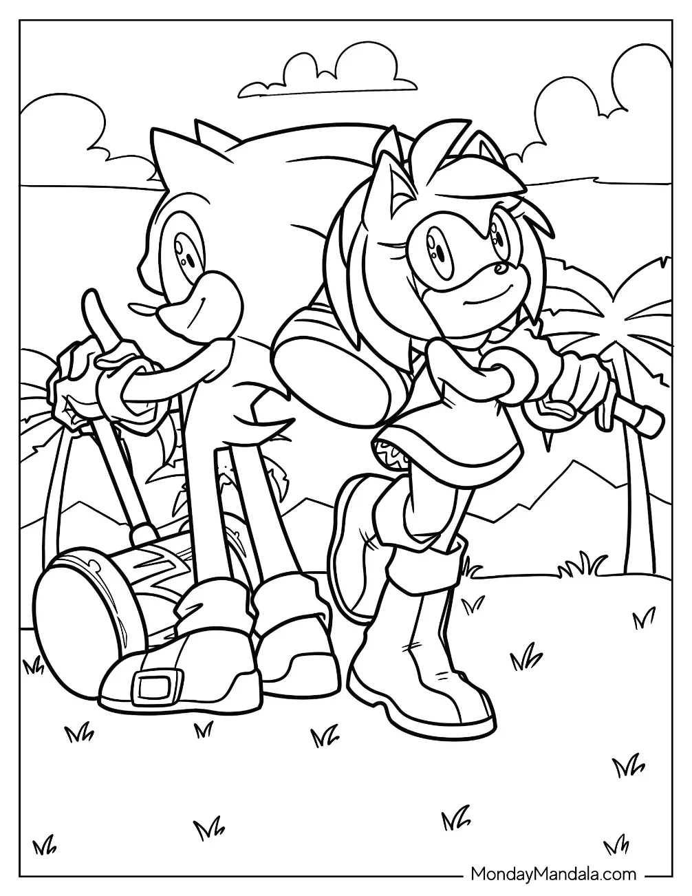 Easy Amy Rose Coloring Page Standing Back-To-Back With Sonic coloring page — printable line art