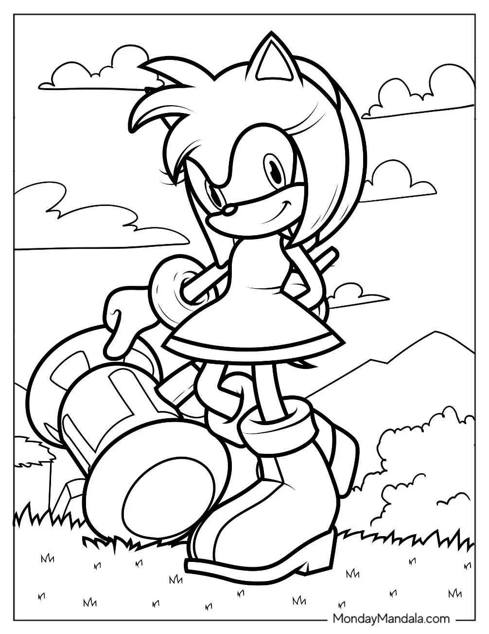 Easy Outline Of Amy Rose Coloring Page With Piko Piko Hammer coloring page