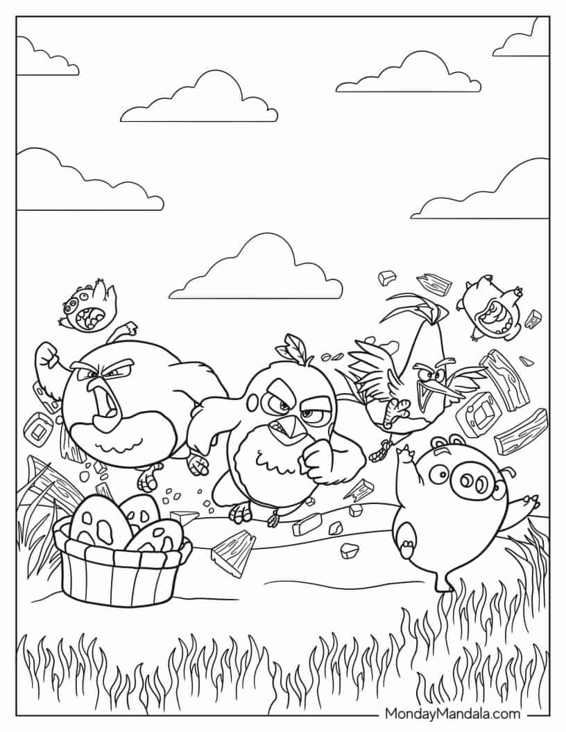 Angry Birds Charging Towards Pigs Coloring Page coloring page — printable line art