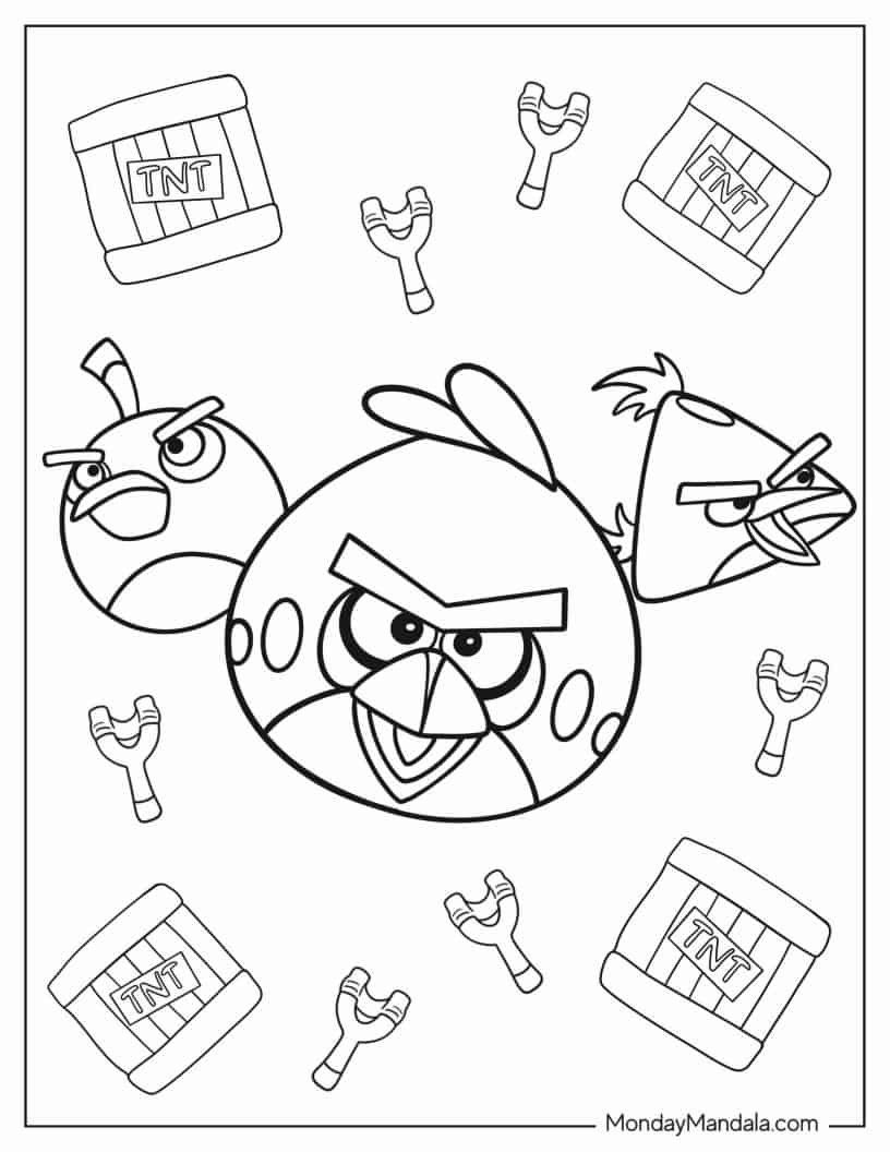 Angry Birds Red, Chuck, And Bomb In The Air coloring page — printable line art