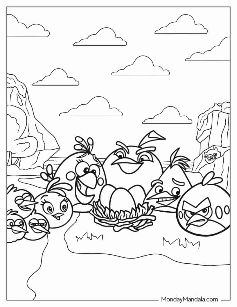 Coloring Page Of Angry Birds Around Eggs In Nest coloring page