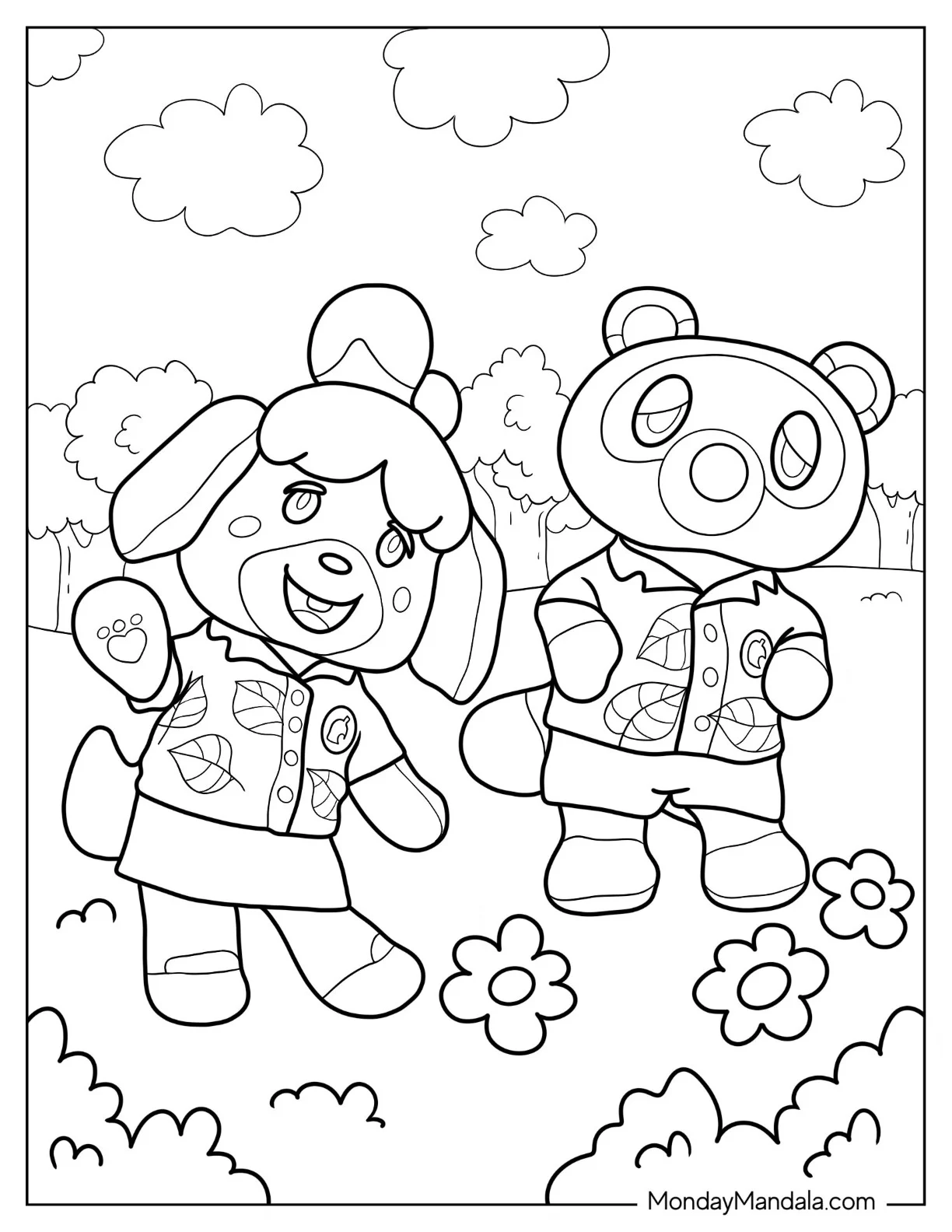 Animal Crossing Coloring Page Of Isabelle And Tom Nook In Summer Outfits coloring page — printable line art