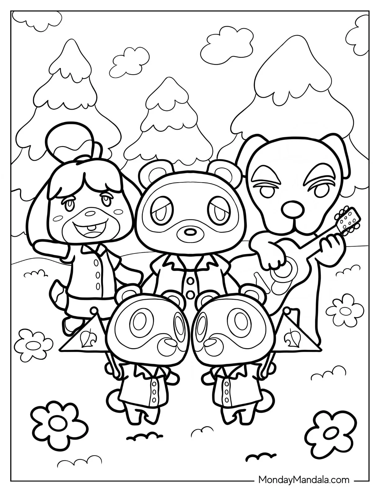 Animal Crossing Coloring Page Of Isabelle, Tom, Tommy, Timmy, And K.K. Slider coloring page — printable line art