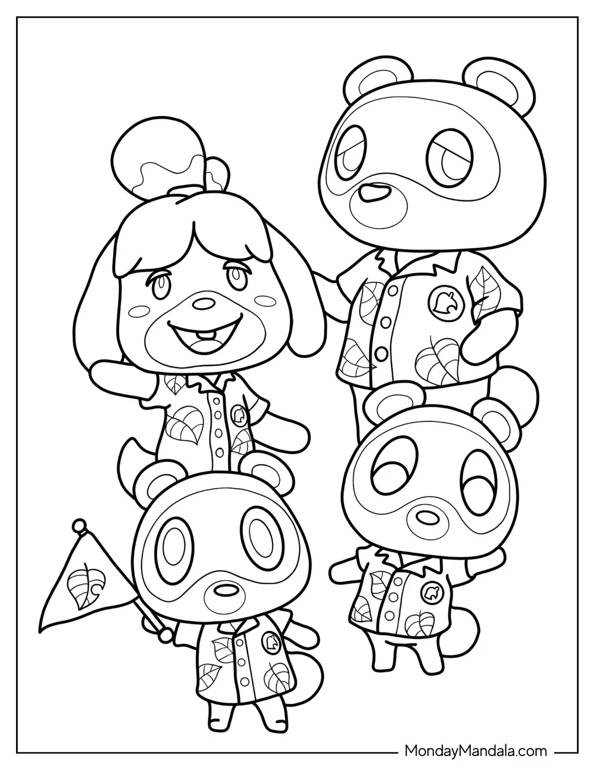 Animal Crossing Coloring Page Of Isabelle With Tom Nook, Tommy, and Timmy coloring page — printable line art