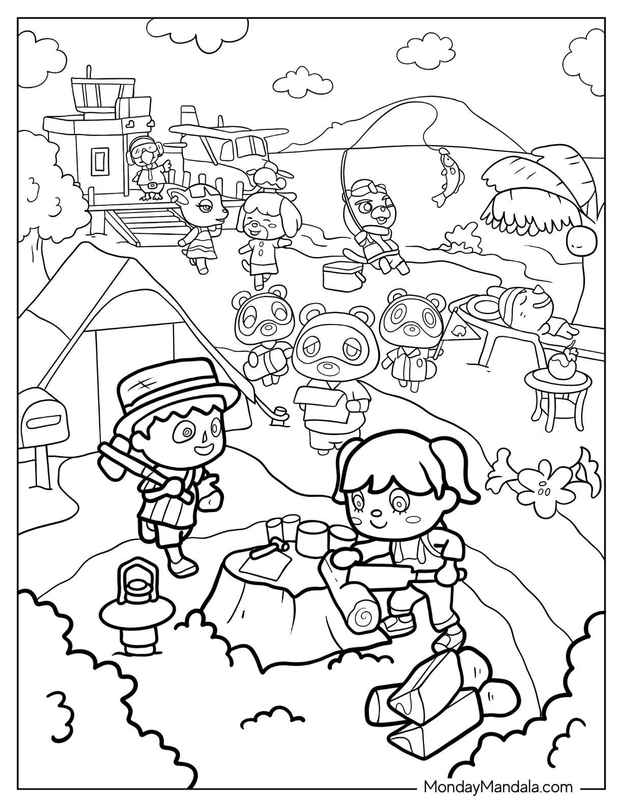 Animal Crossing Coloring Page Of New Horizons Villagers With Friends On Island coloring page