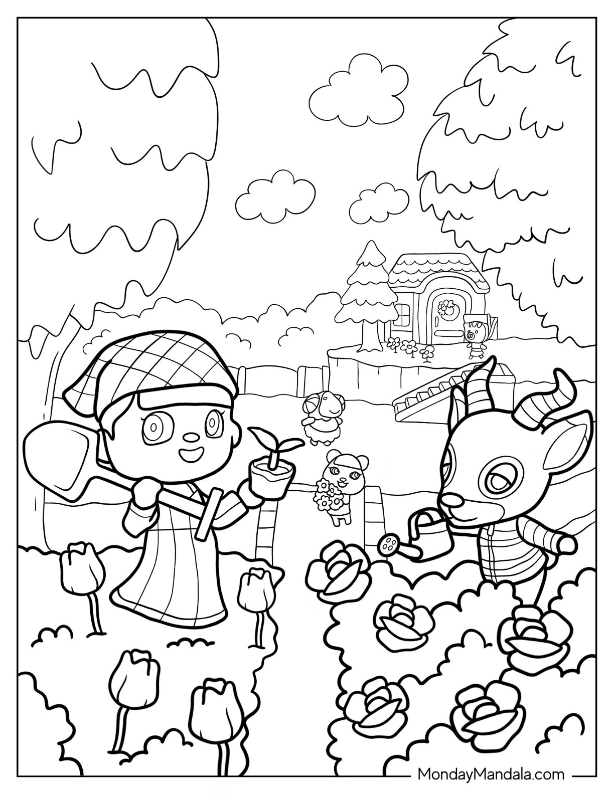 Animal Crossing Coloring Page Of Villager And Friends Gardening coloring page — printable line art
