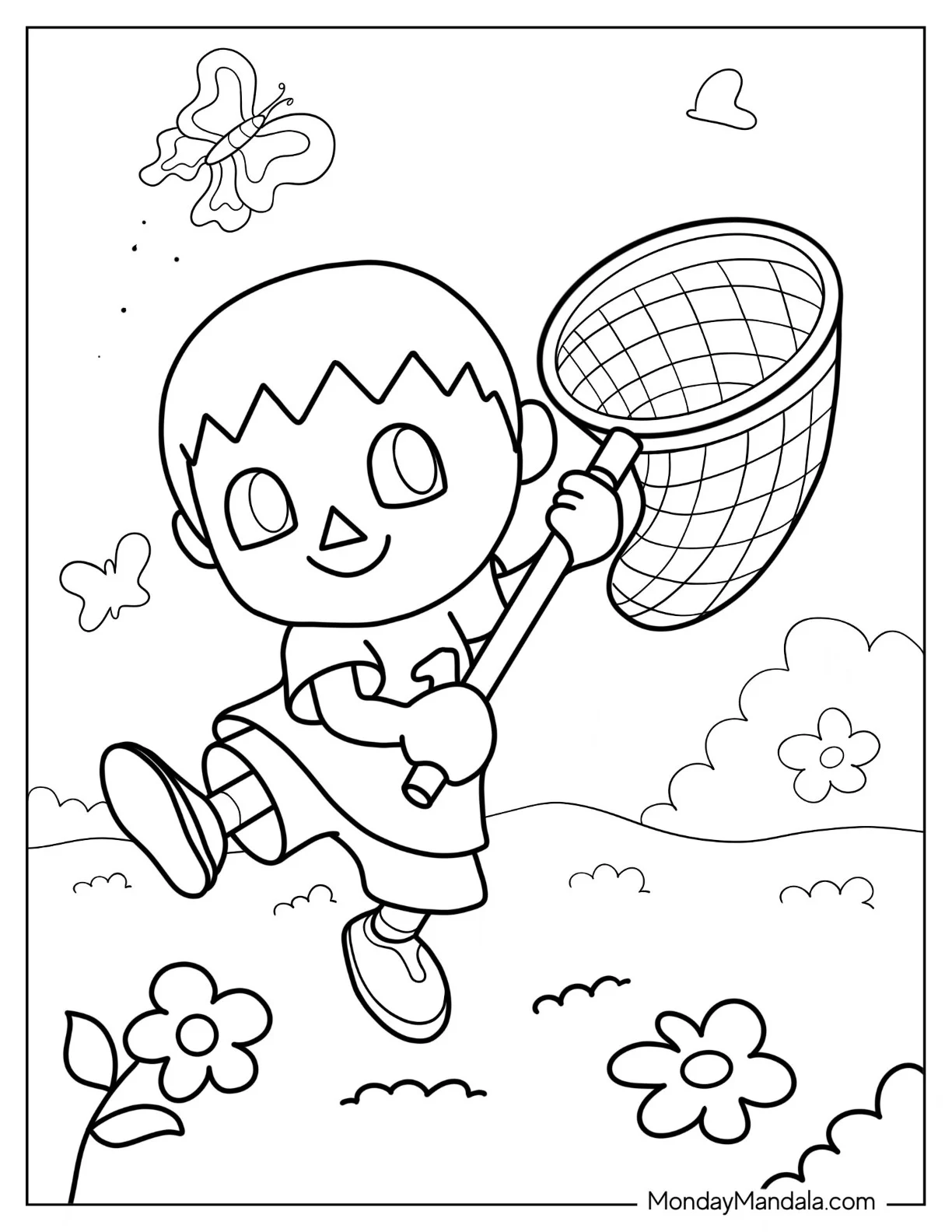 Animal Crossing Coloring Page Of Villager With Sweeping Net Catching Butterfly coloring page