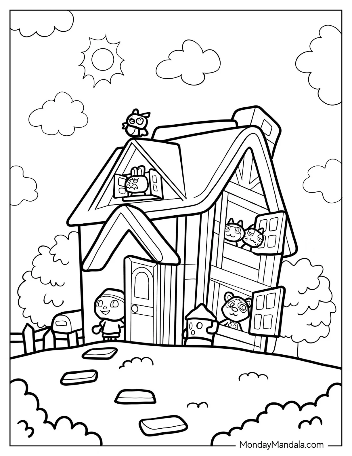 Big Animal Crossing Coloring Page House With Villager, Tom, And Friends coloring page