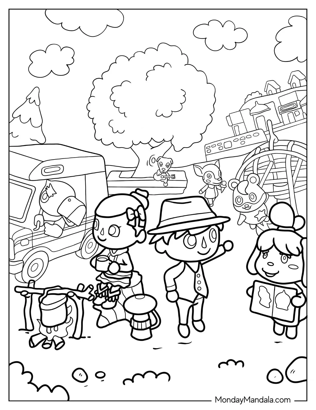 Detailed Animal Crossing Coloring Page Of Town With Villagers coloring page