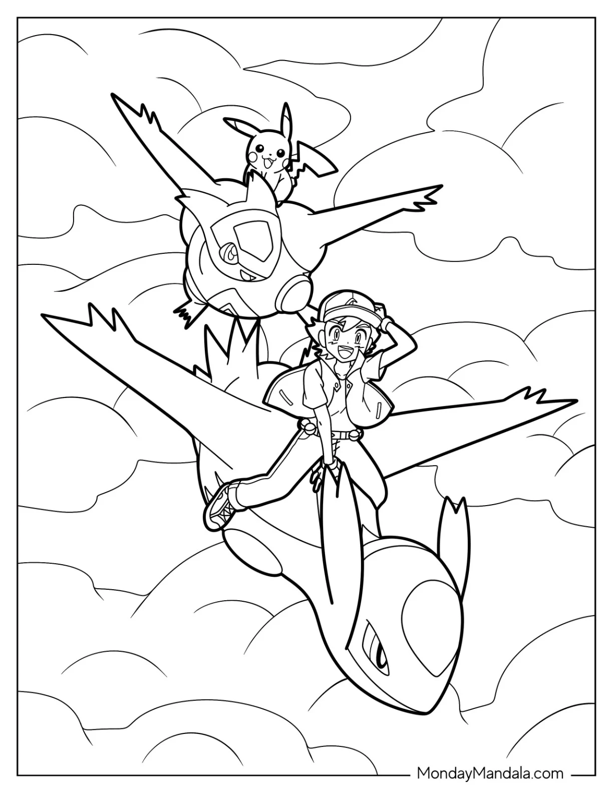 Ash Ketchum Coloring Page And Pikachu Riding On Latios Pokemon coloring page