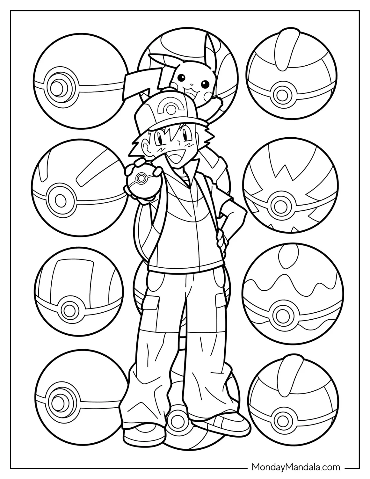 Ash Ketchum Coloring Page And Pikachu With Pokeballs In The Background coloring page