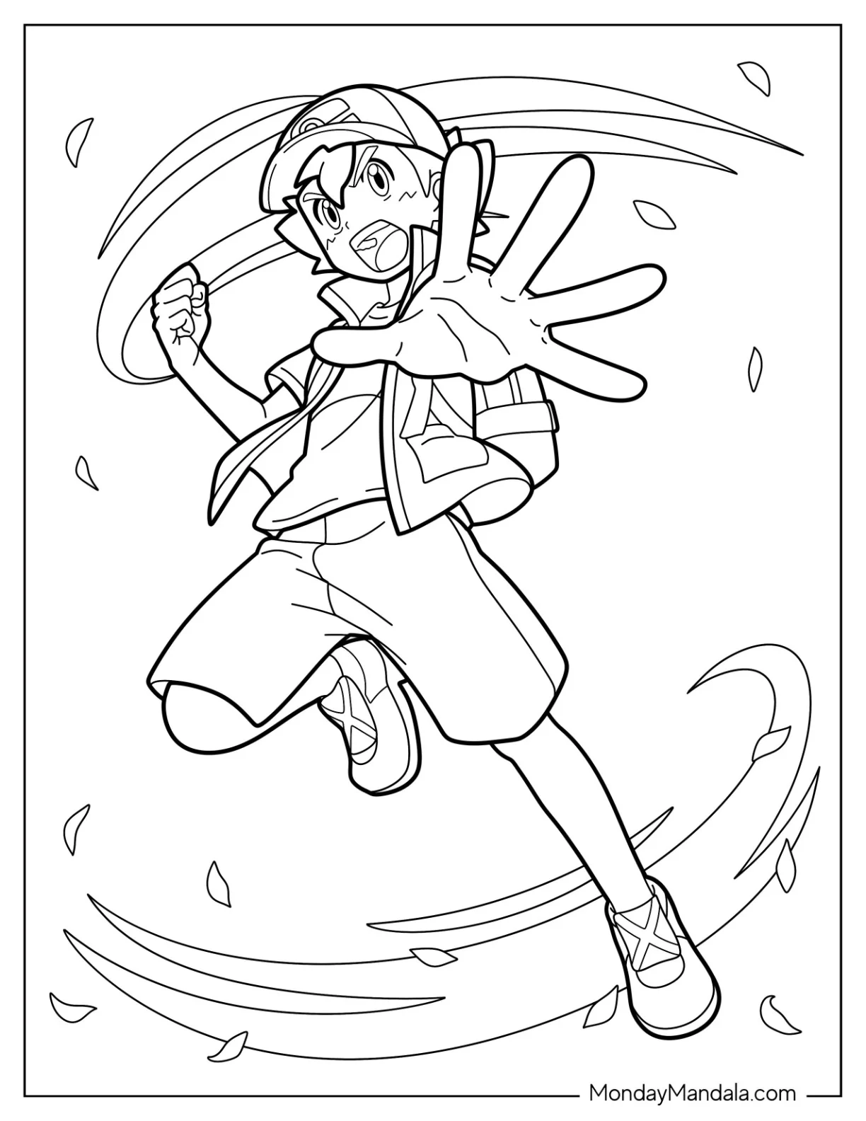 Ash Ketchum Coloring Page In A Pokemon Battle coloring page — printable line art