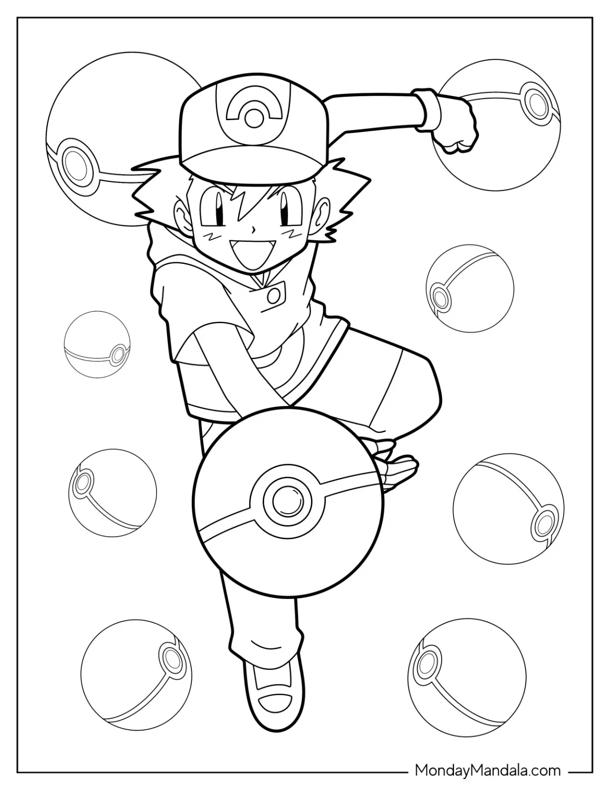 Ash Ketchum Coloring Page Throwing A Pokeball For Kids coloring page