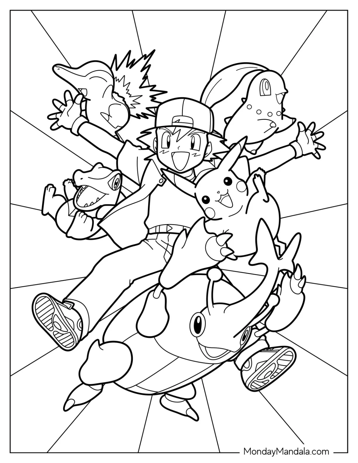 Ash Ketchum Coloring Page With Cyndaquil, Totodile, Chikorita, Pikachu, And Heracross coloring page