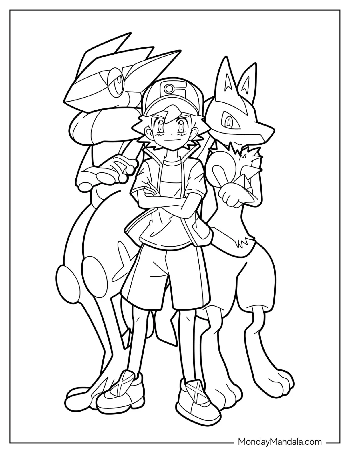 Ash Ketchum Coloring Page With Greninja And Lucario coloring page