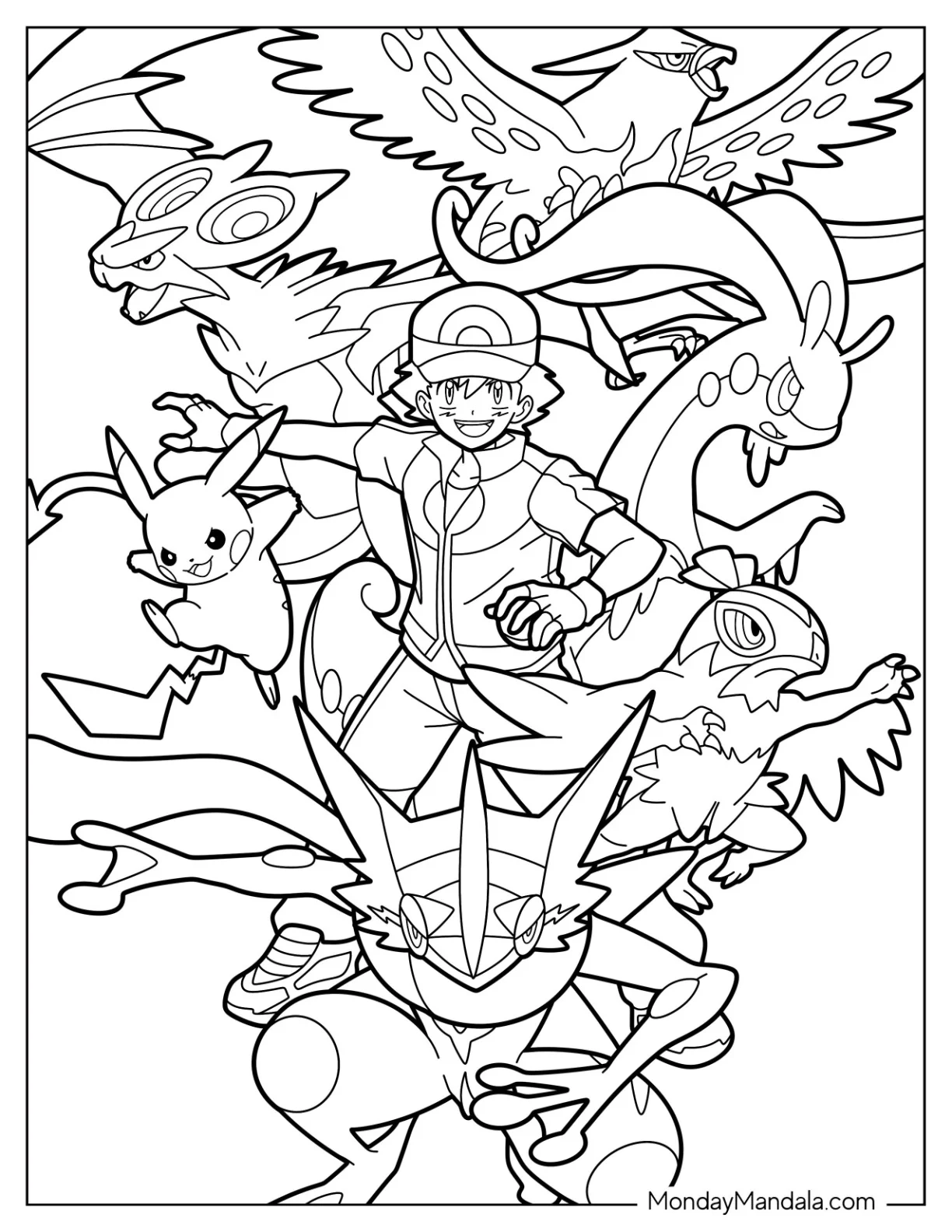 Ash Ketchum Coloring Page With Greninja, Pikachu, Noivern, Goodra, And Hawlucha coloring page