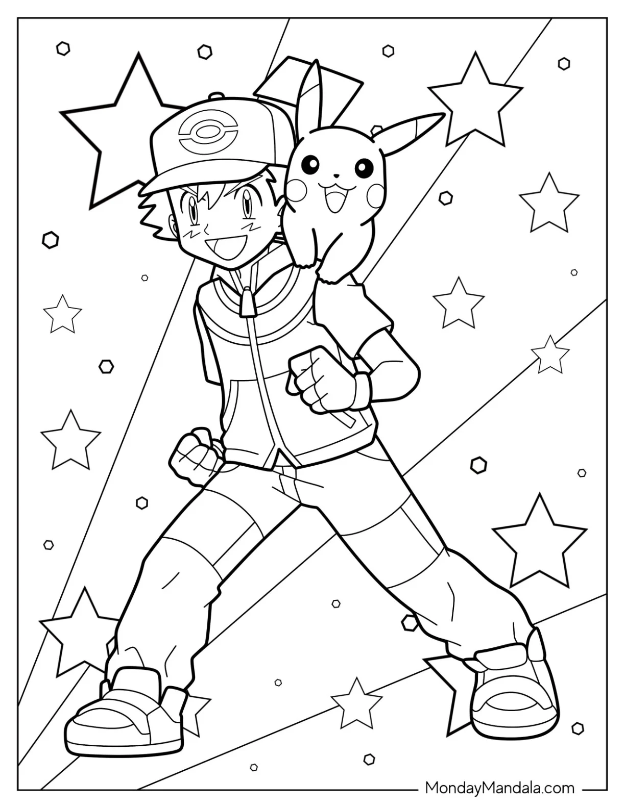 Ash Ketchum Coloring Page With Pikachu On His Shoulder For Kids coloring page