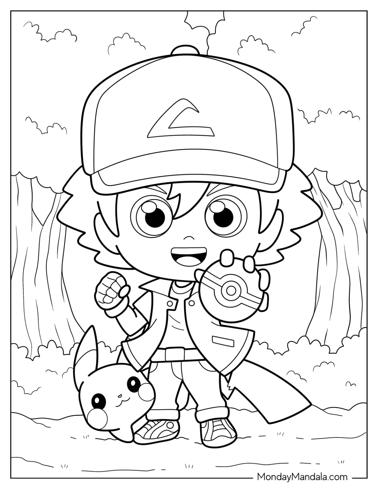 Cute Chibi Ash Ketchum Coloring Page With Pikachu For Preschoolers coloring page — printable line art
