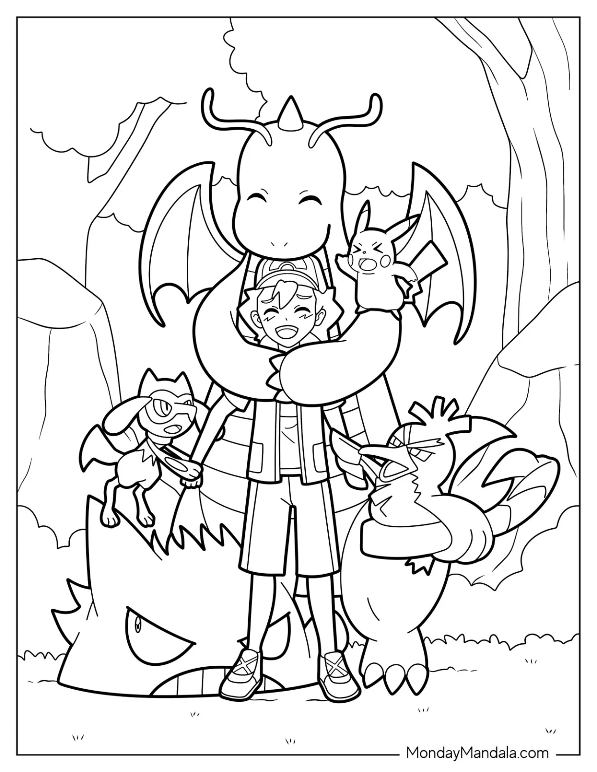 Dragonite, Pikachu, Gengar, And Lucario, Surrounding Ash Ketchum Coloring Page coloring page