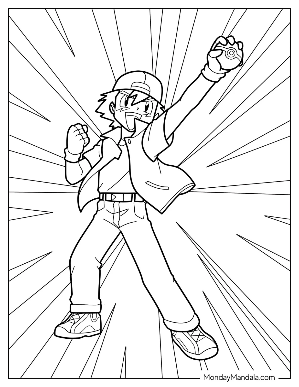 Easy Ash Ketchum Coloring Page Holding Up A Pokeball For Kids coloring page — printable line art
