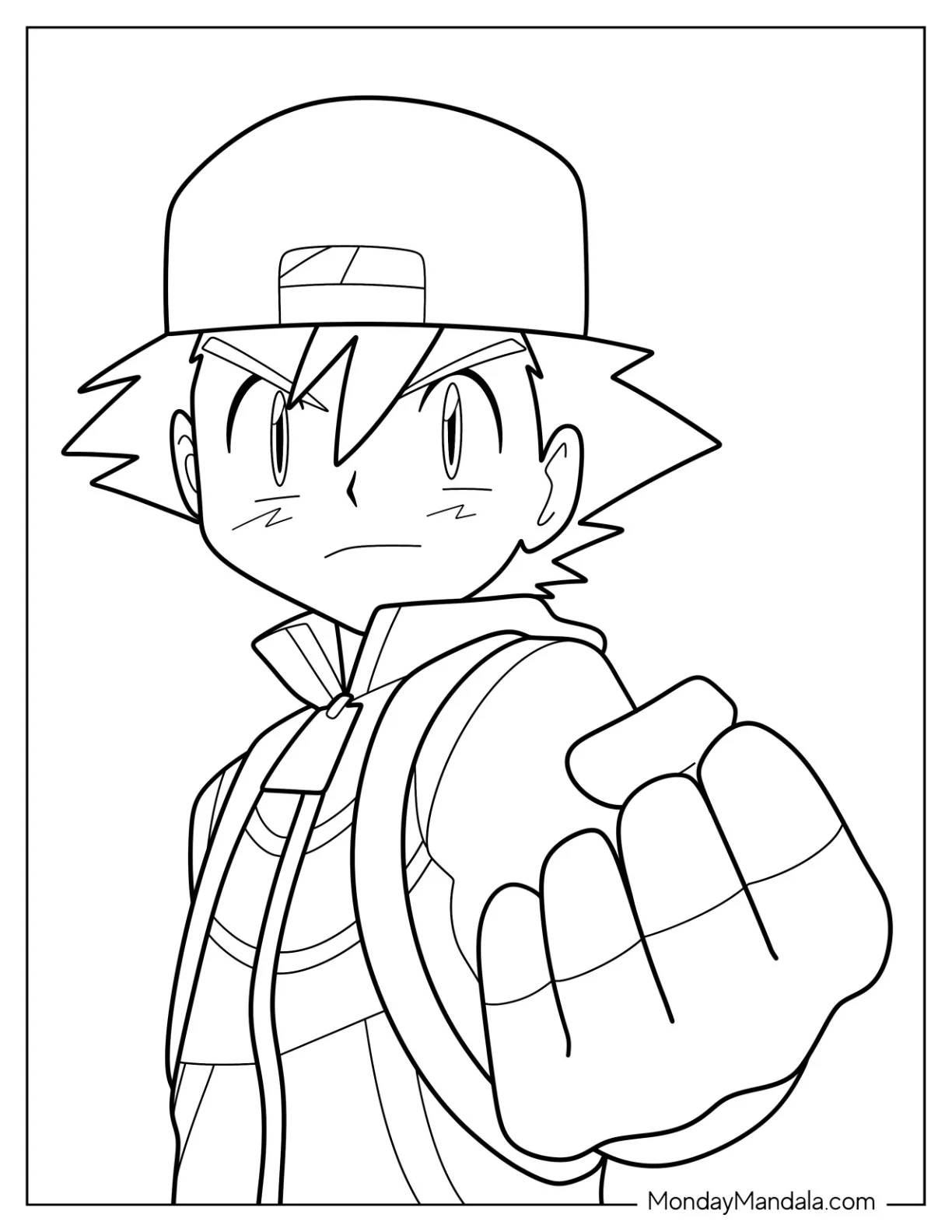 Easy Ash Ketchum Coloring Page Outline With His Fist Up For Kids coloring page