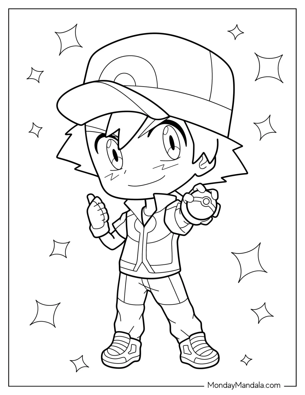 Kawaii Chibi Ash Ketchum Coloring Page Holding Pokeball For Preschoolers coloring page