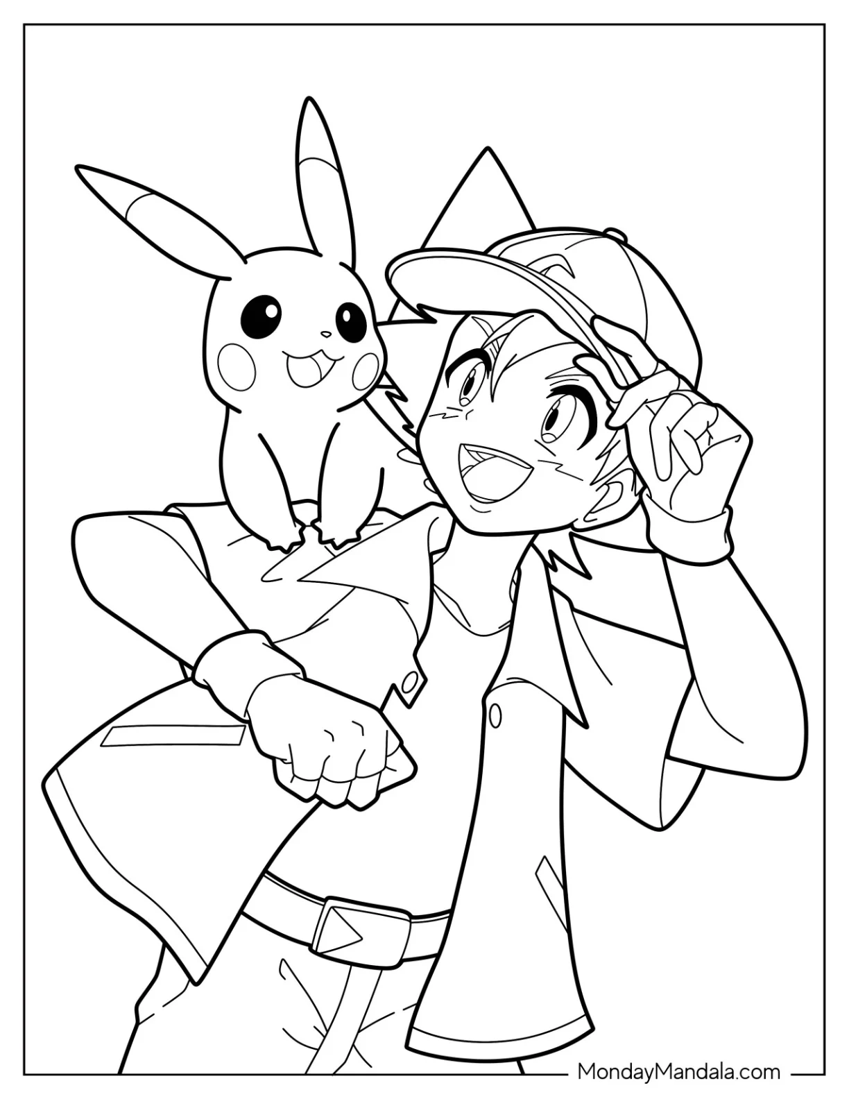 Pikachu And Ash Ketchum Coloring Page Smiling At One Another coloring page