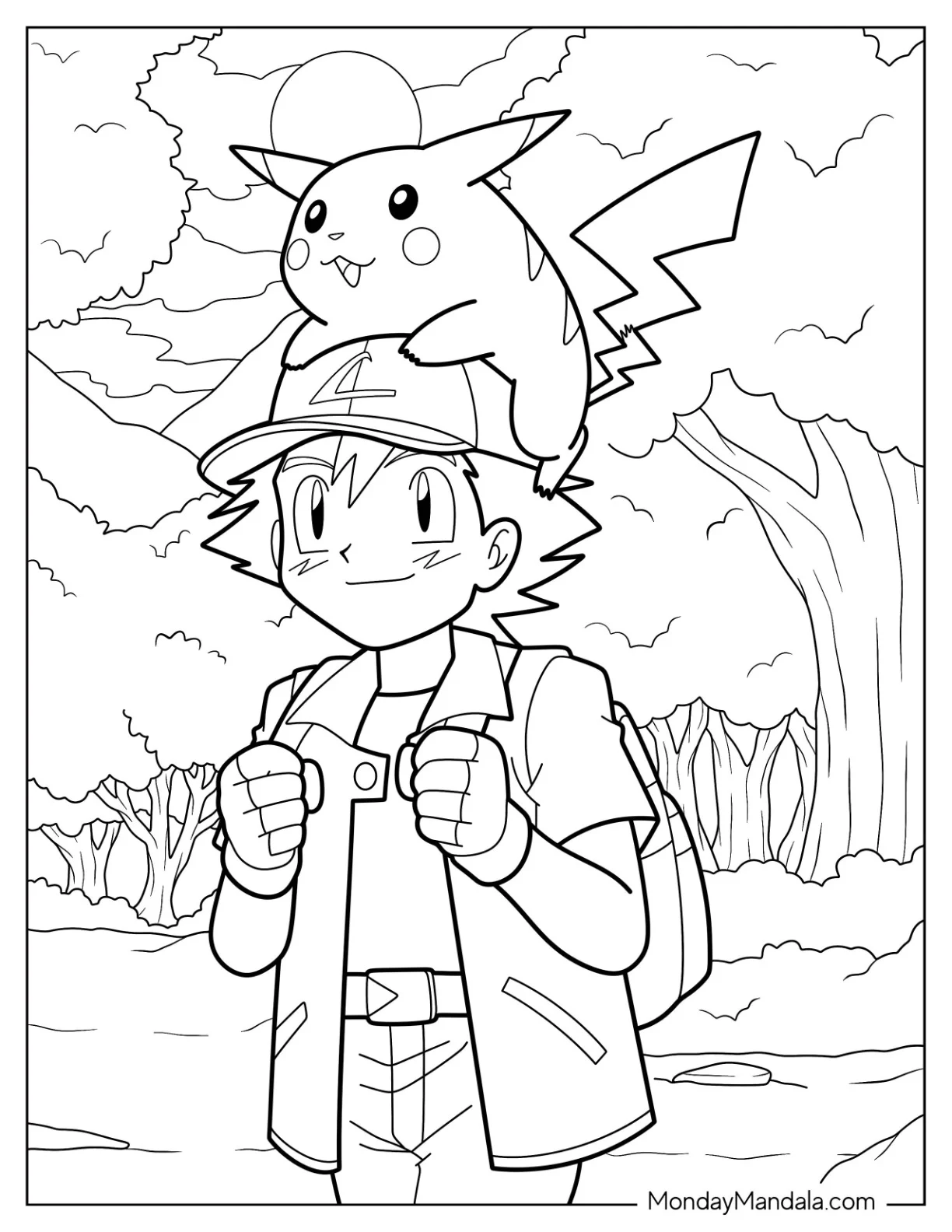 Pikachu Resting On Ash Ketchum Coloring Page Head coloring page — printable line art