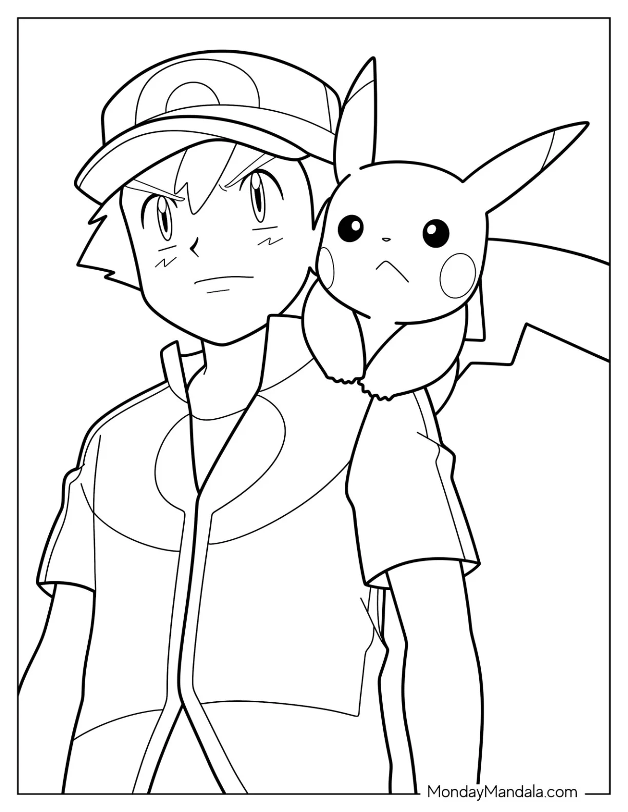 Simple Close Up Of Ash Ketchum Coloring Page With Pikachu coloring page