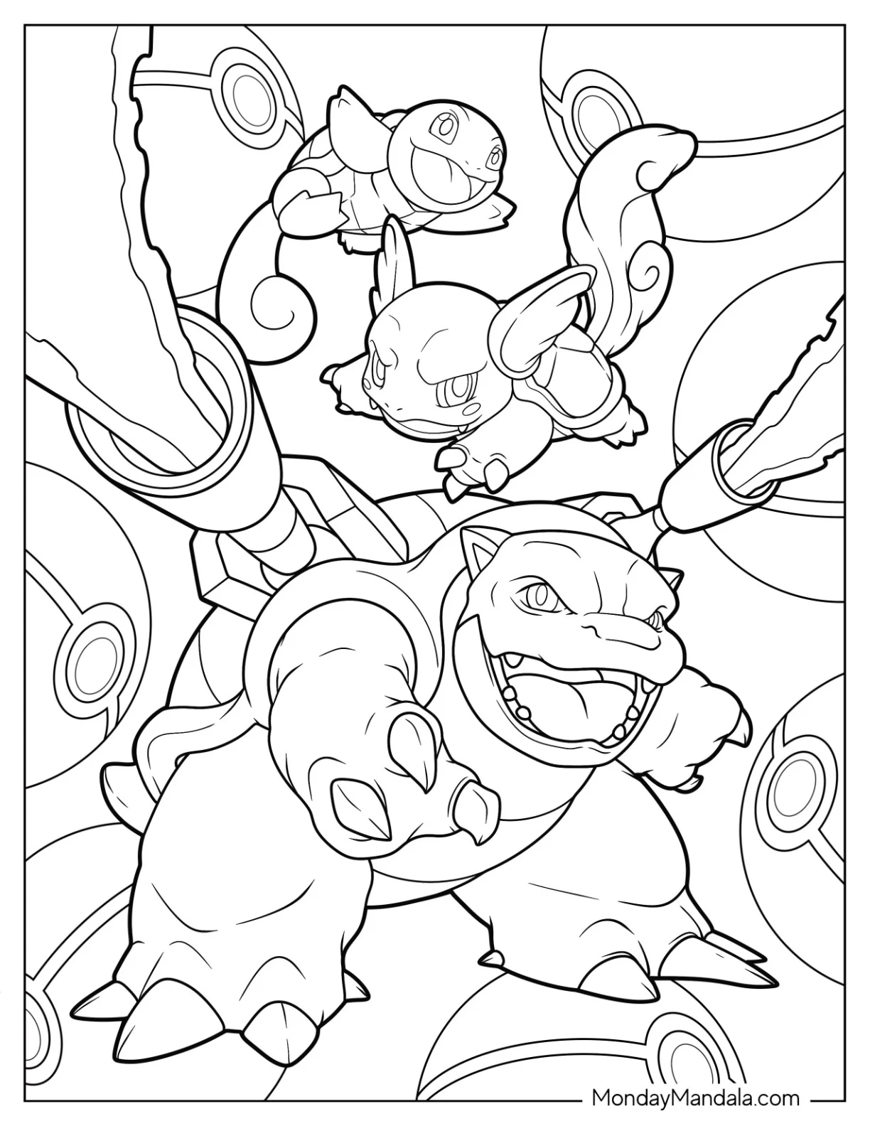 Detailed Squirtle, Wartortle, And Blastoise Coloring Page With Pokeballs coloring page