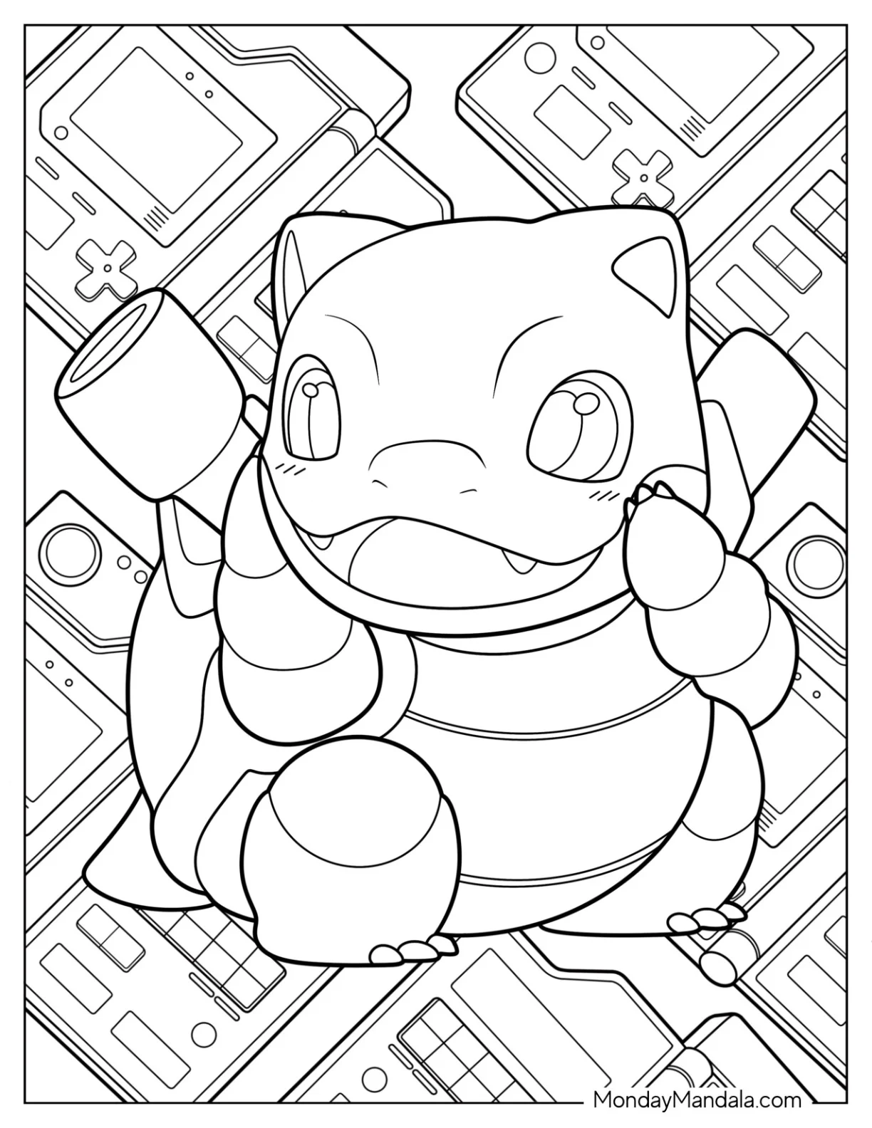 Kawaii Blastoise Coloring Page With Game Boy Background coloring page