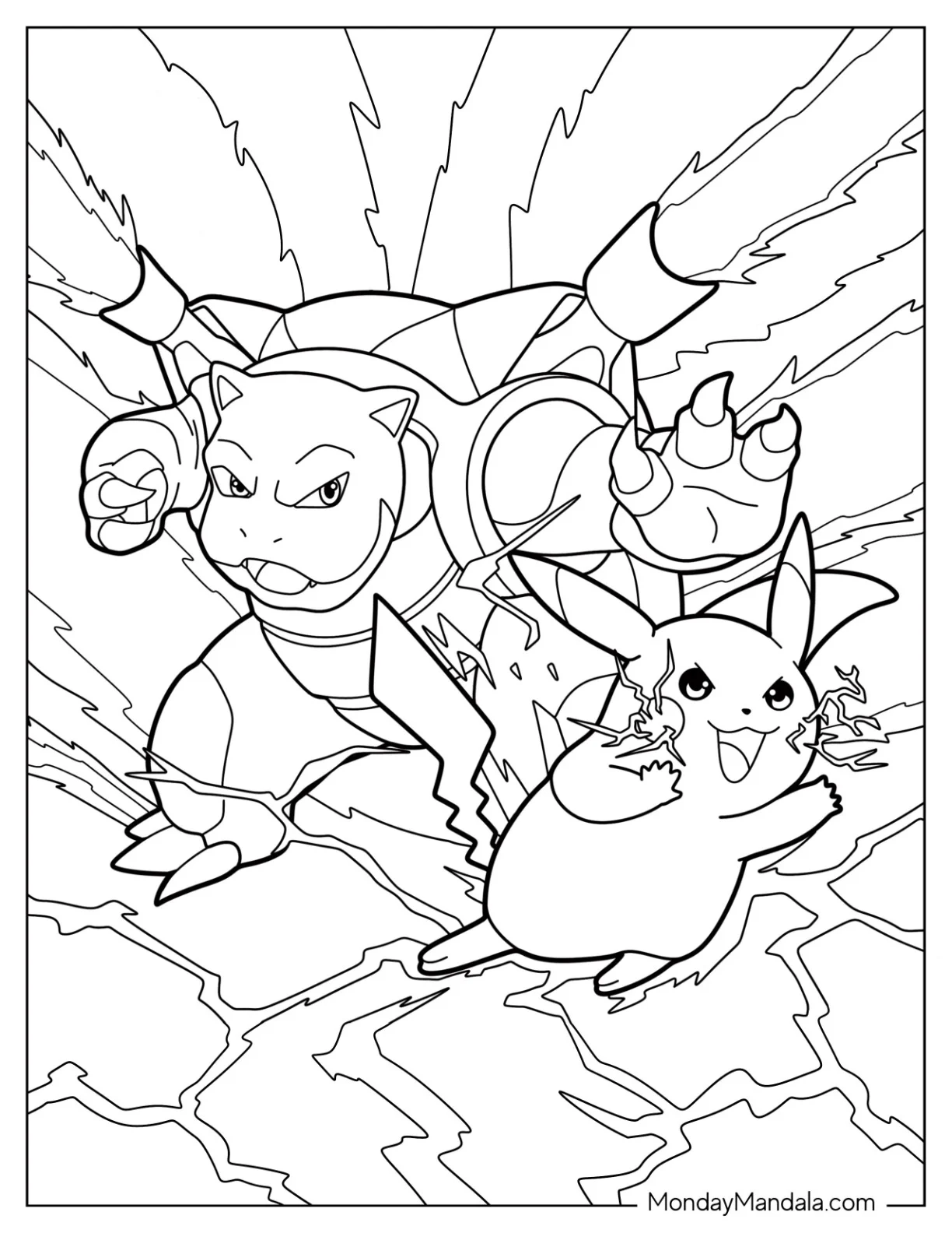 Mega Blastoise Coloring Page Battling Alongside Pikachu coloring page — printable line art
