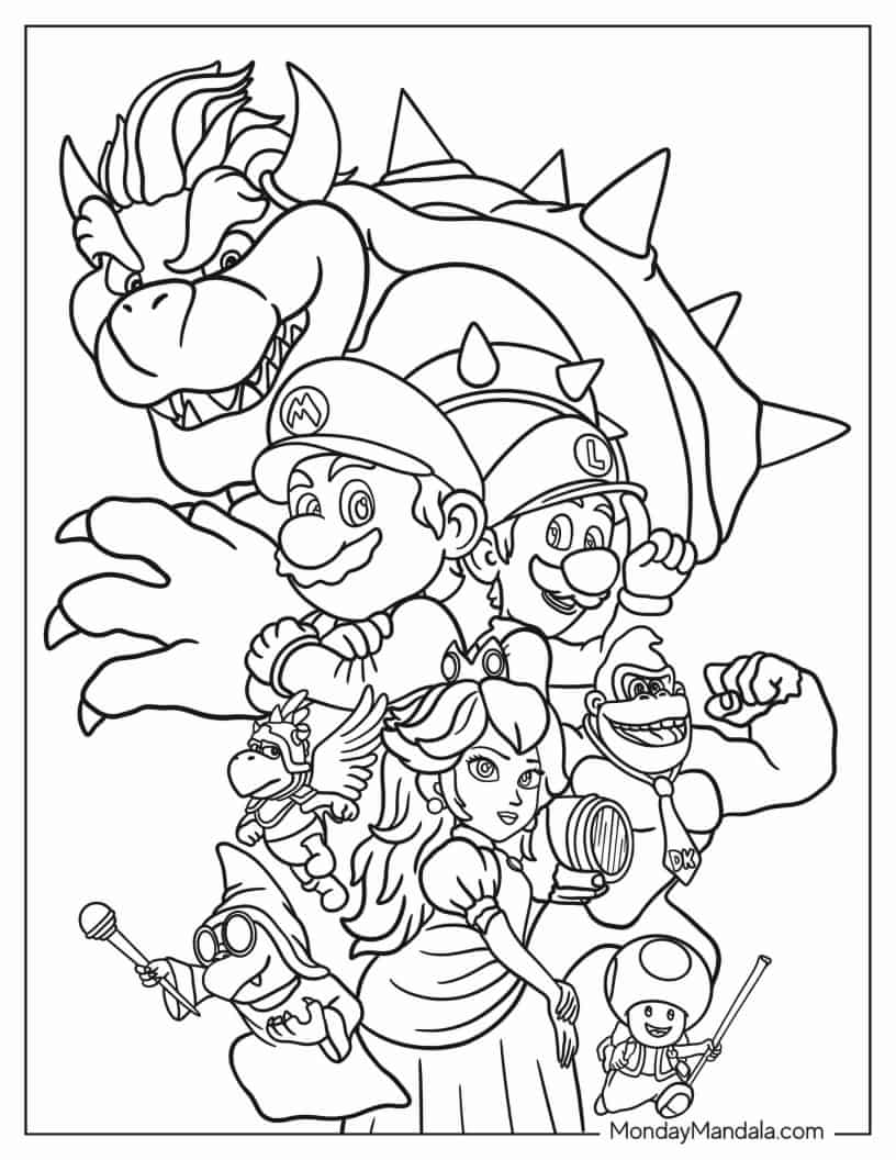 Bowser With Iconic Nintendo Characters coloring page